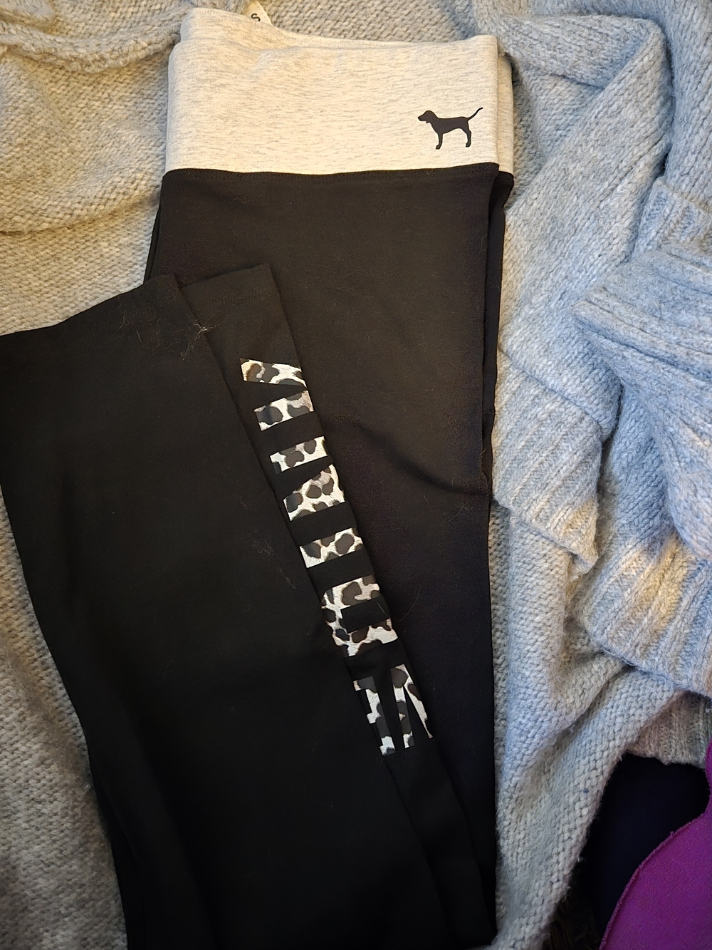 Victoria's Secret PINK Black Leggings with Gray Waistband and Leopard Stripe